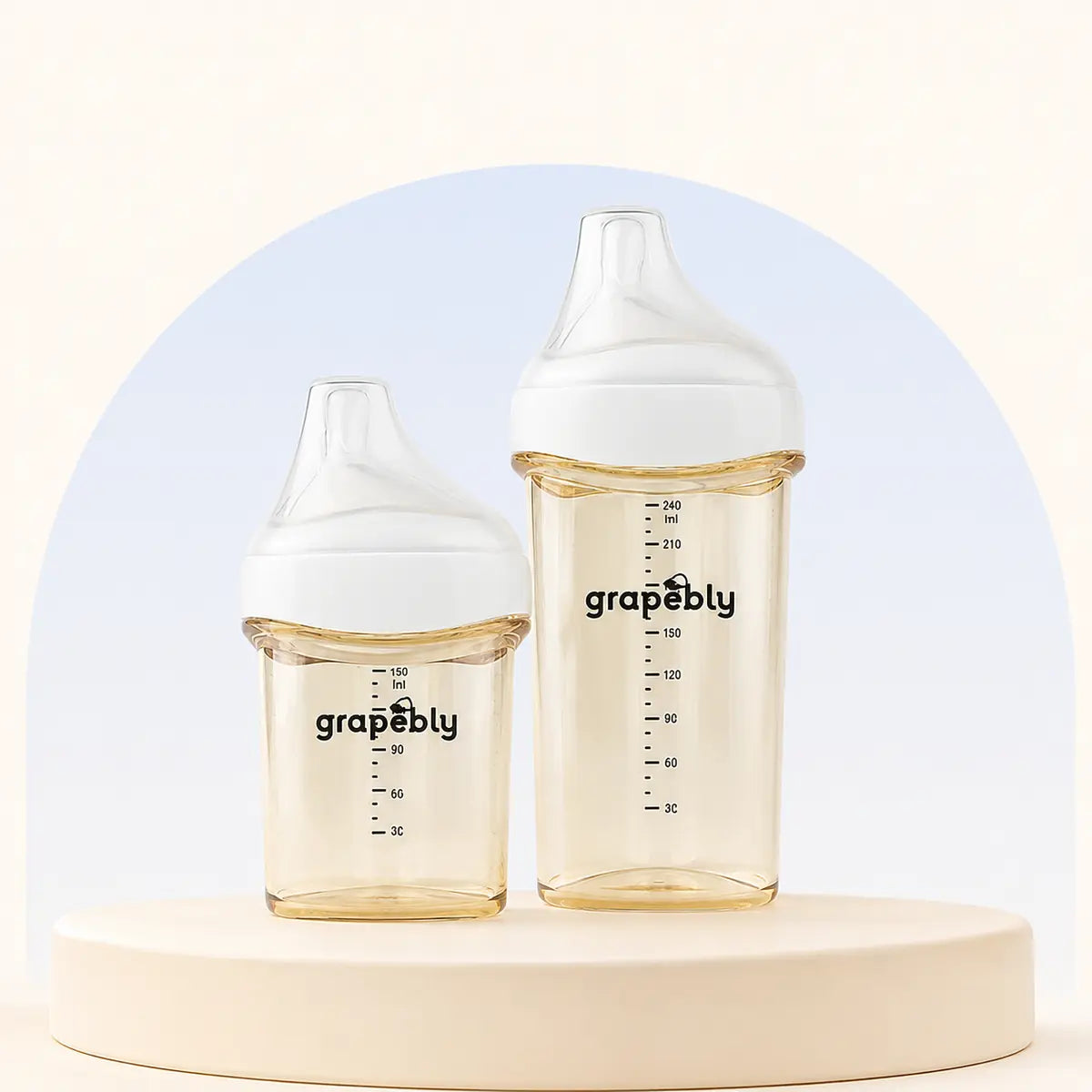Grapebly 150ml and 240ml PPSU anti-colic baby feeding bottles with off-centre silicone teats